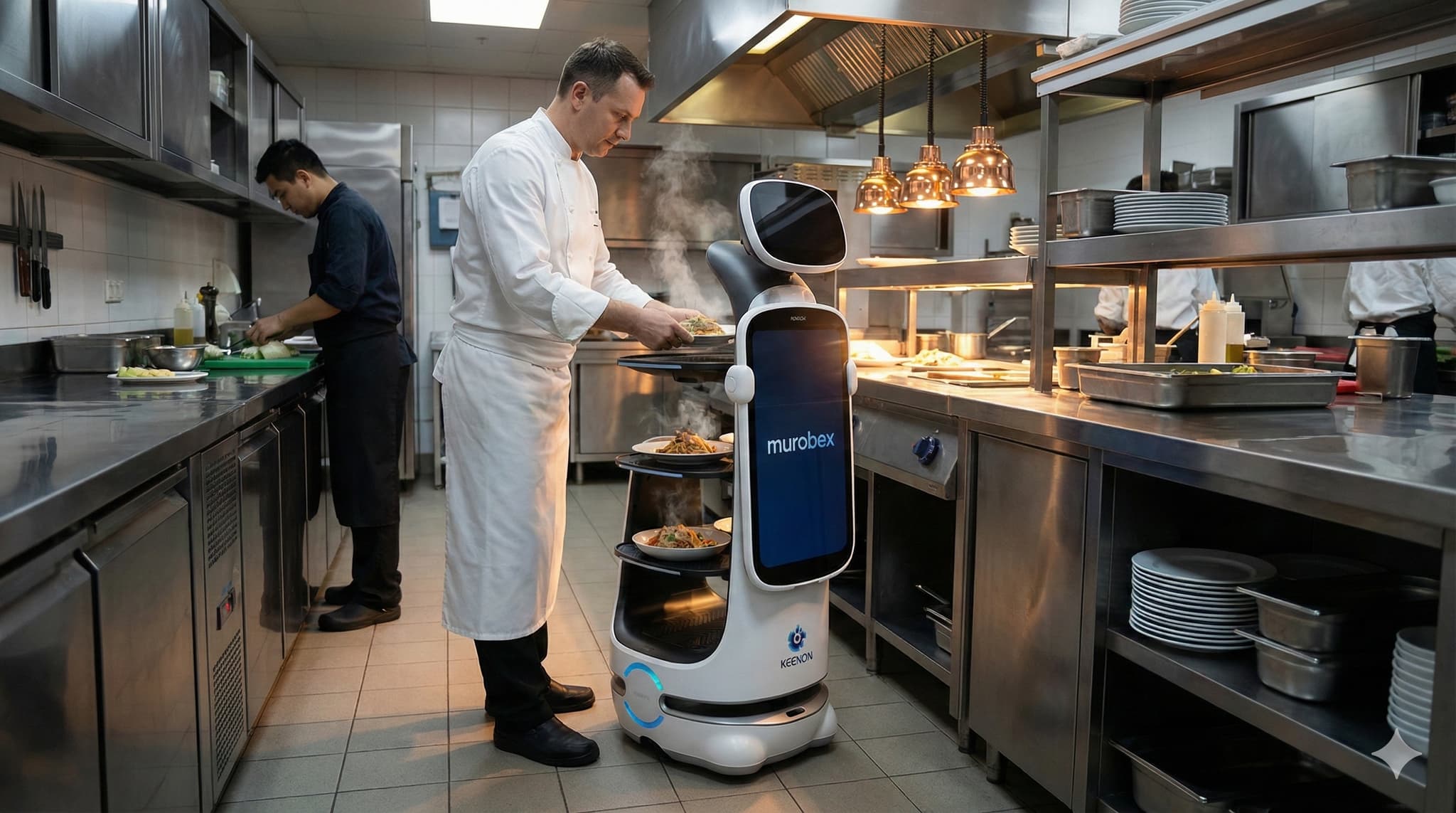 Koch und Serviceroboter arbeiten zusammen in der Küche